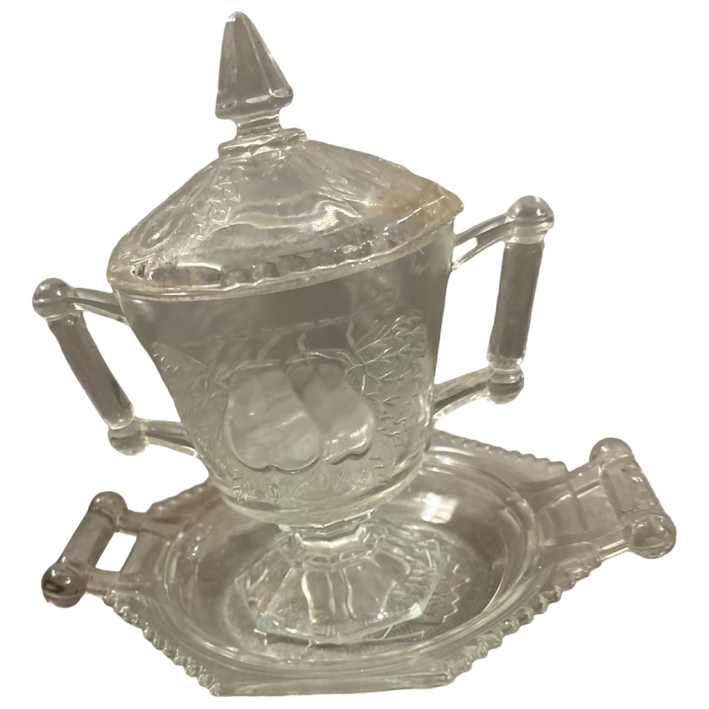 Vintage Clear Jeannette Glass Baltimore Pear crystal Sugar Bowl & 3 Pc Tray Set